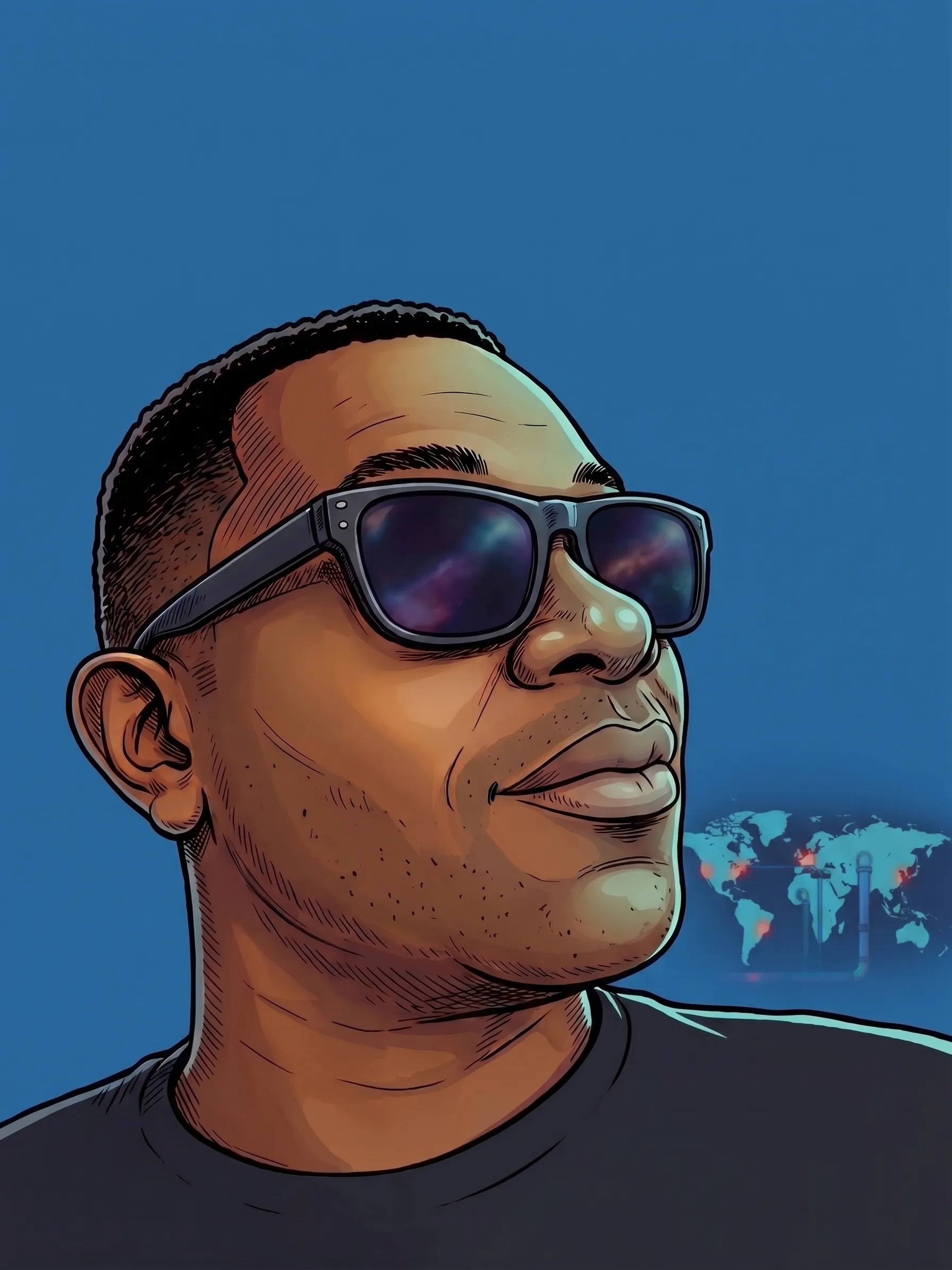 Illustrated portrait of Marcus Coleman against a cybersecurity-themed backdrop